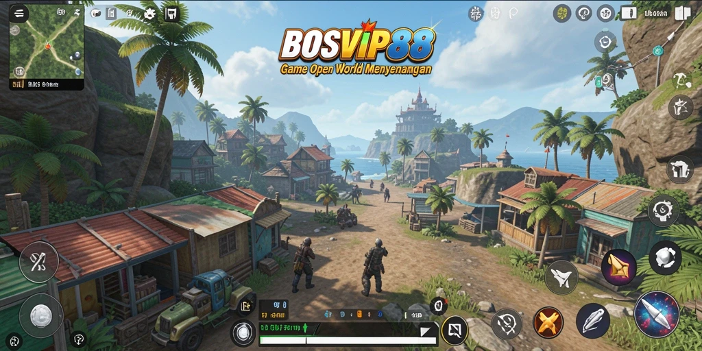 Screenshot gameplay BOSVIP88 menampilkan eksplorasi dunia yang luas.