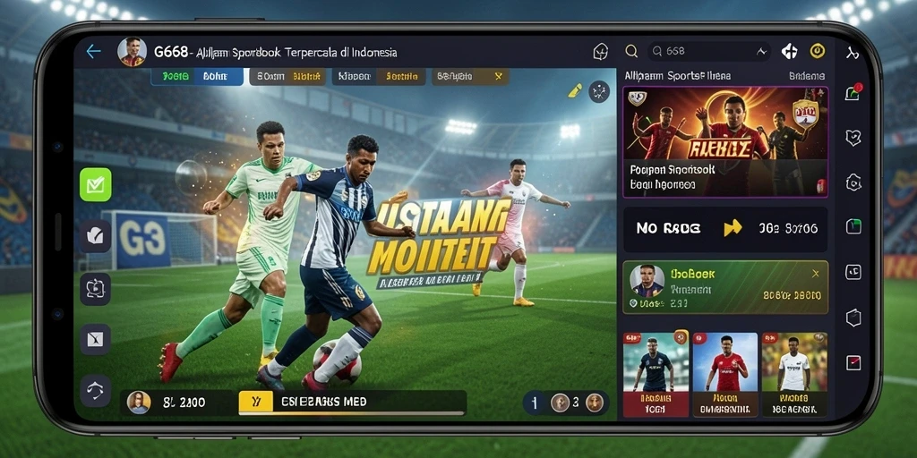 Screenshot G668 menampilkan antarmuka aplikasi Sportsbook yang modern dan dinamis.