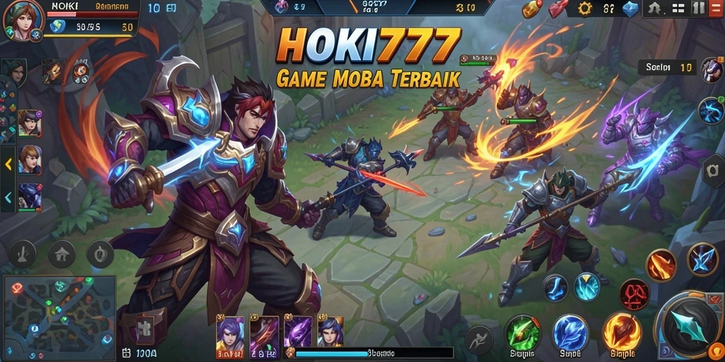 Tangkapan layar HOKI777 menampilkan pertempuran seru antara dua tim di arena MOBA.