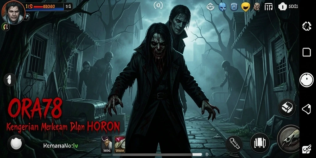 Screenshot gameplay ORA78 menampilkan suasana horor yang mencekam.