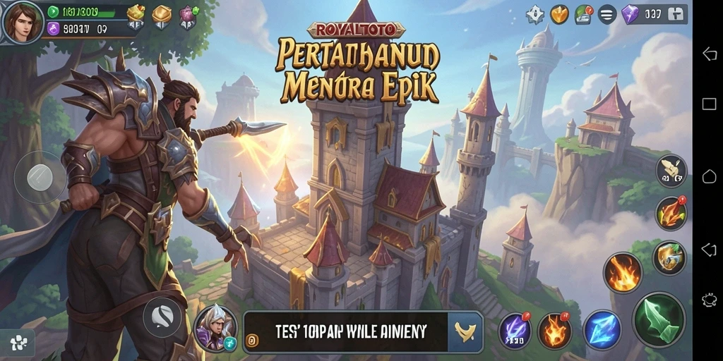 Tampilan screenshot gameplay ROYALTOTO dengan pertahanan menara yang epik.
